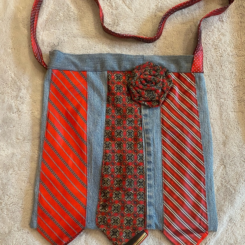 Up cycled Red and Gray Tie Tote Bag